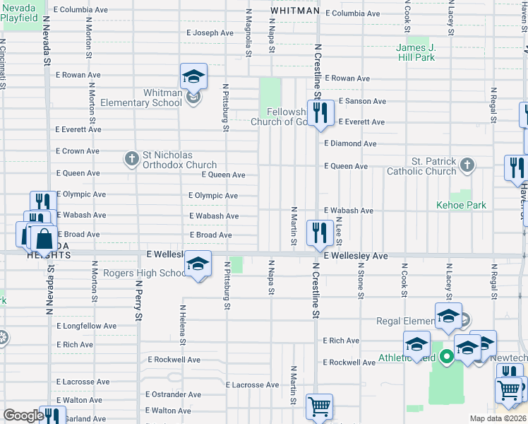 map of restaurants, bars, coffee shops, grocery stores, and more near 1739 East Olympic Avenue in Spokane