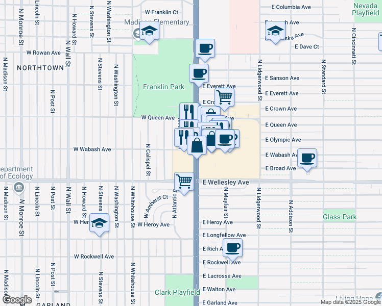map of restaurants, bars, coffee shops, grocery stores, and more near 4727 North Division Street in Spokane