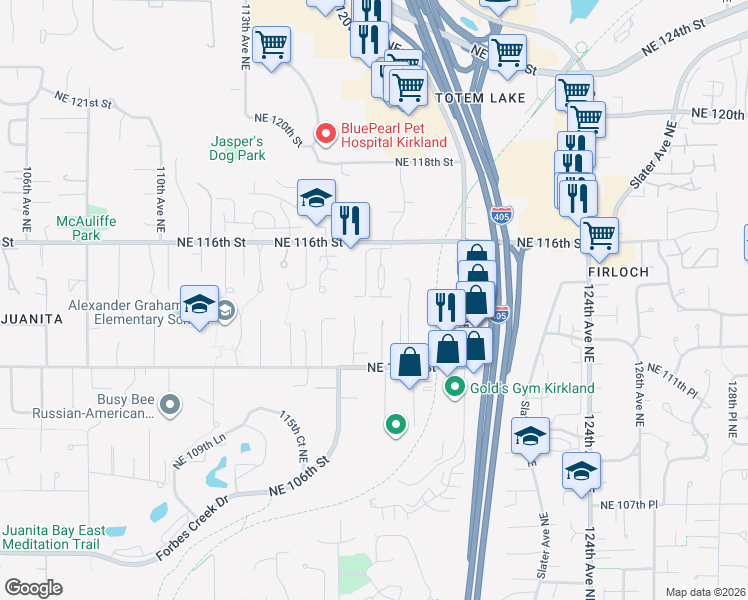 map of restaurants, bars, coffee shops, grocery stores, and more near 11611 Northeast 116th Street in Kirkland
