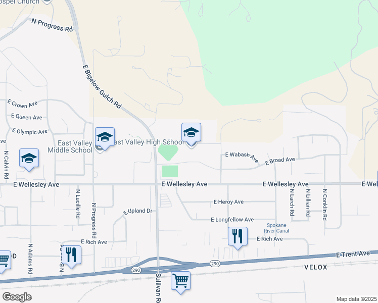 map of restaurants, bars, coffee shops, grocery stores, and more near 15711 East Wellesley Avenue in Spokane Valley