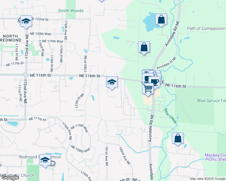 map of restaurants, bars, coffee shops, grocery stores, and more near 18025 Northeast 116th Street in Redmond