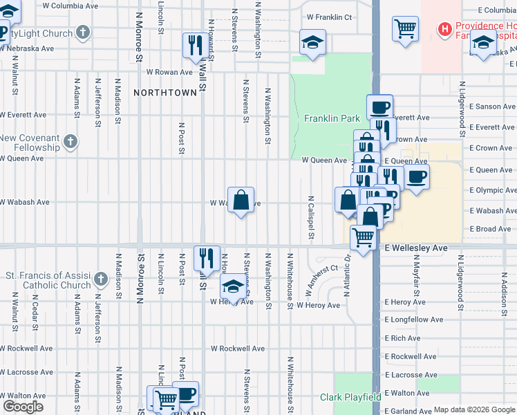 map of restaurants, bars, coffee shops, grocery stores, and more near 4917 North Washington Street in Spokane