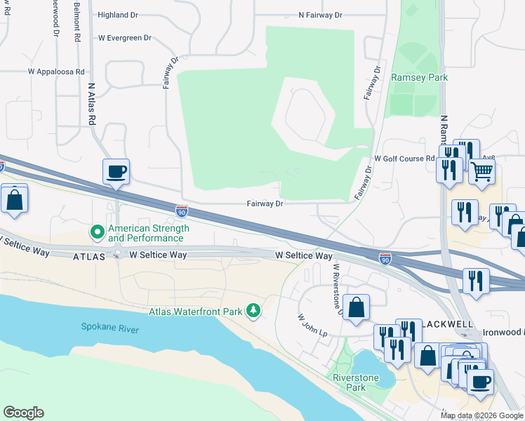 map of restaurants, bars, coffee shops, grocery stores, and more near 2432 West Fairway Drive in Coeur d'Alene