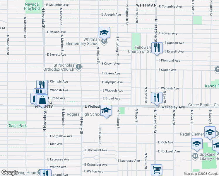 map of restaurants, bars, coffee shops, grocery stores, and more near 1636 East Olympic Avenue in Spokane