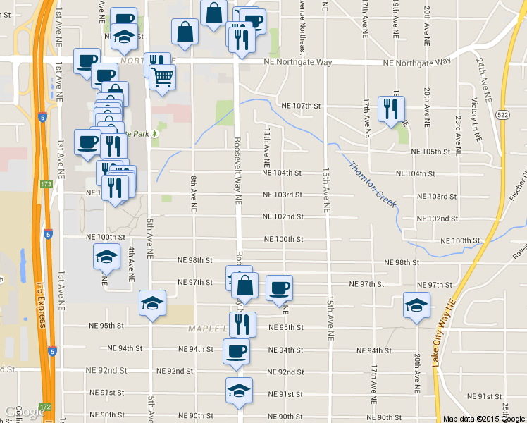 map of restaurants, bars, coffee shops, grocery stores, and more near 1041 Northeast 103rd Street in Seattle