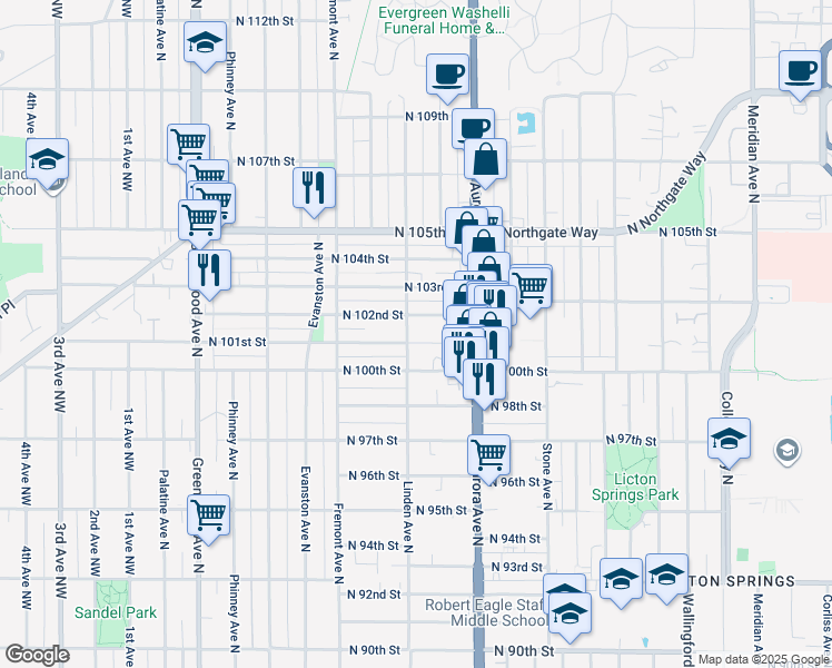 map of restaurants, bars, coffee shops, grocery stores, and more near in Seattle