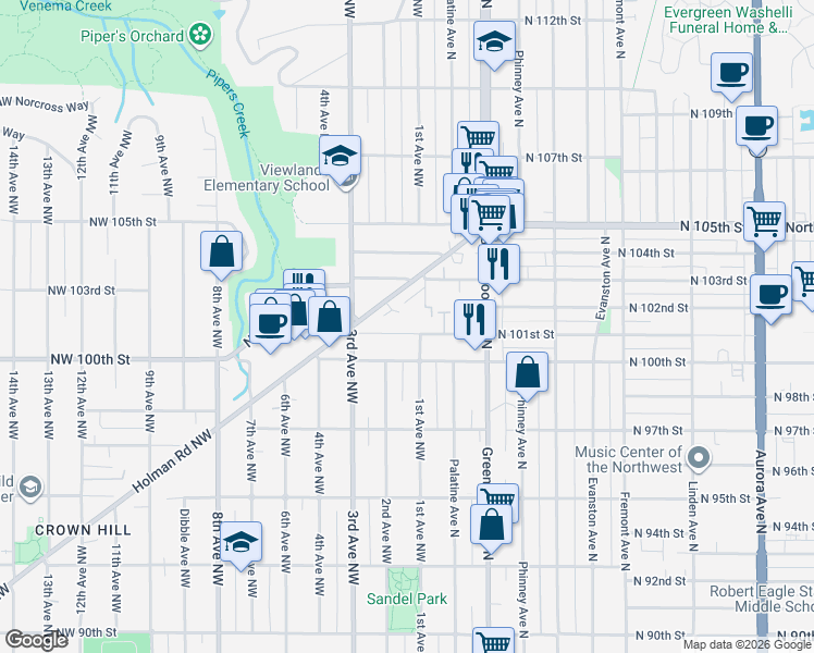 map of restaurants, bars, coffee shops, grocery stores, and more near 108 Northwest 101st Street in Seattle