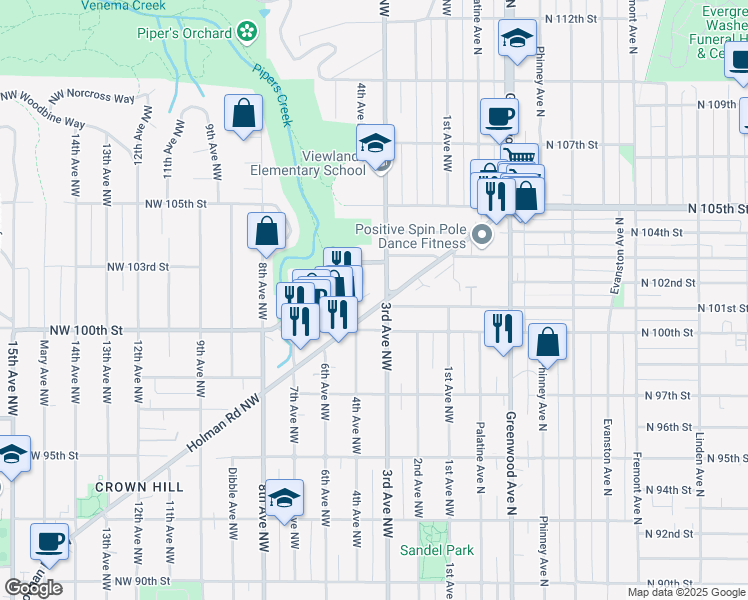 map of restaurants, bars, coffee shops, grocery stores, and more near in Seattle