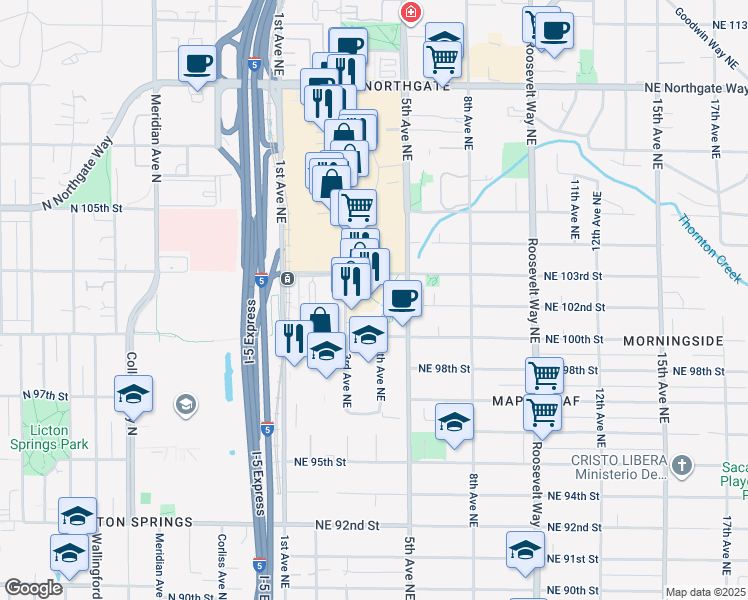 map of restaurants, bars, coffee shops, grocery stores, and more near 337 Northeast 103rd Street in Seattle