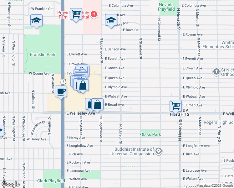 map of restaurants, bars, coffee shops, grocery stores, and more near 417 East Wabash Avenue in Spokane