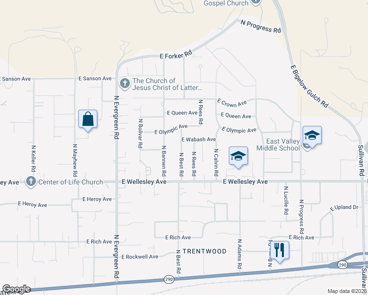 map of restaurants, bars, coffee shops, grocery stores, and more near 5103 North Best Road in Spokane Valley