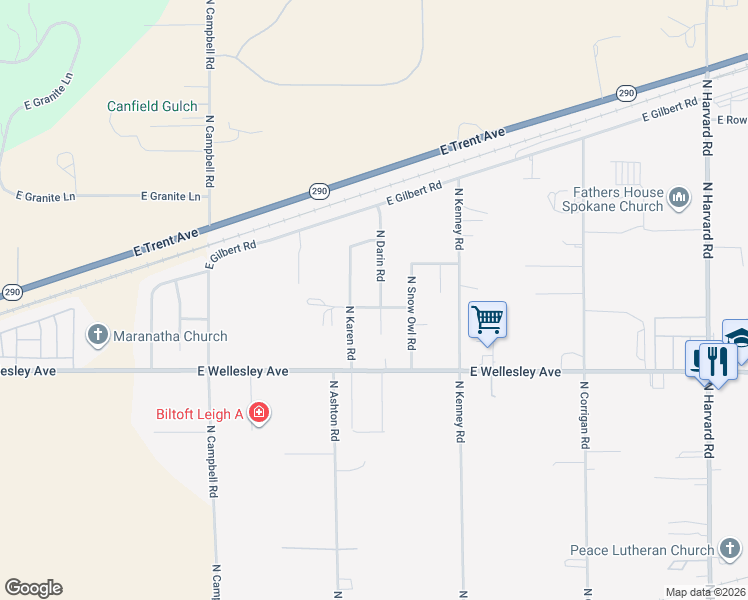 map of restaurants, bars, coffee shops, grocery stores, and more near 5015 North Darin Road in Otis Orchards-East Farms