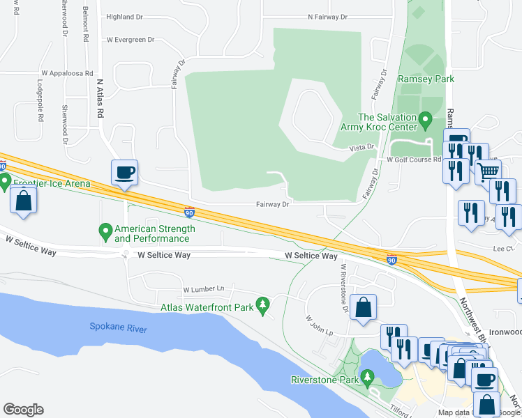 map of restaurants, bars, coffee shops, grocery stores, and more near 2484 West Fairway Drive in Coeur d'Alene