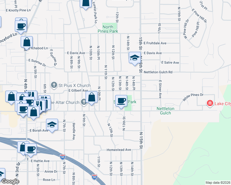 map of restaurants, bars, coffee shops, grocery stores, and more near 2809 North 12th Street in Coeur d'Alene