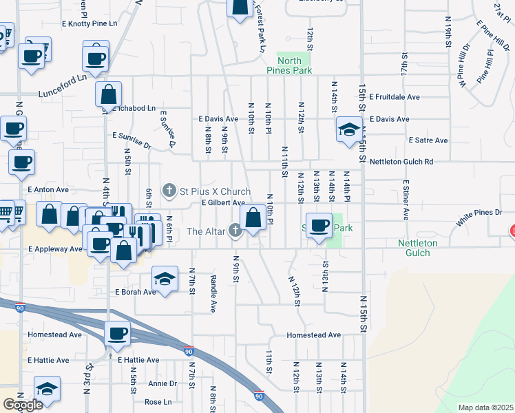map of restaurants, bars, coffee shops, grocery stores, and more near 2808 North Honeysuckle Drive in Coeur d'Alene