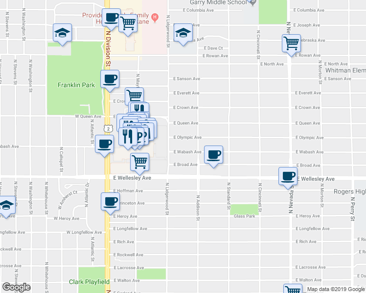 map of restaurants, bars, coffee shops, grocery stores, and more near 318 East Olympic Avenue in Spokane