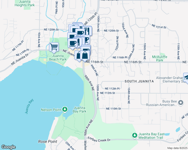 map of restaurants, bars, coffee shops, grocery stores, and more near 11414 99th Place Northeast in Kirkland