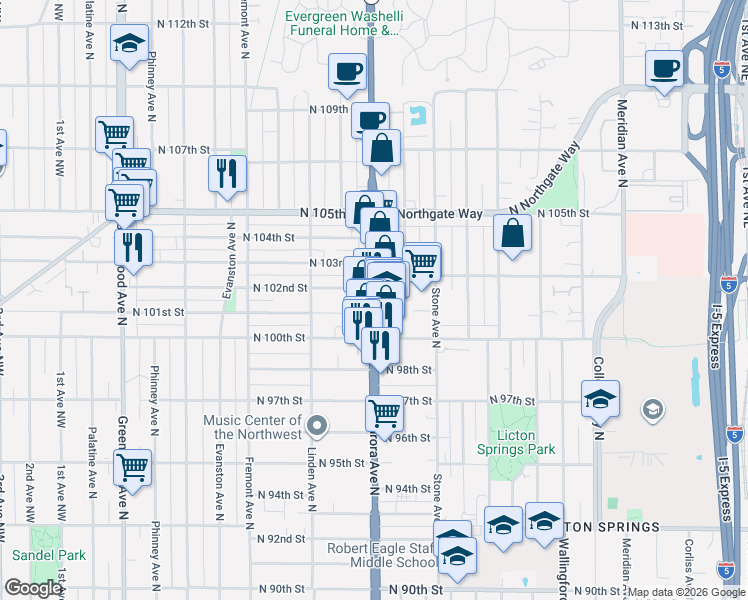 map of restaurants, bars, coffee shops, grocery stores, and more near 10256 Aurora Avenue North in Seattle