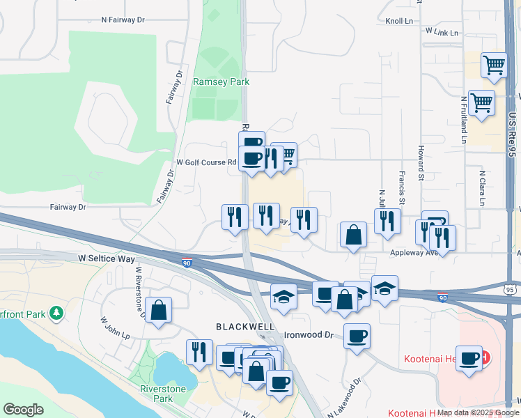 map of restaurants, bars, coffee shops, grocery stores, and more near 2712 North Ramsey Road in Coeur d'Alene