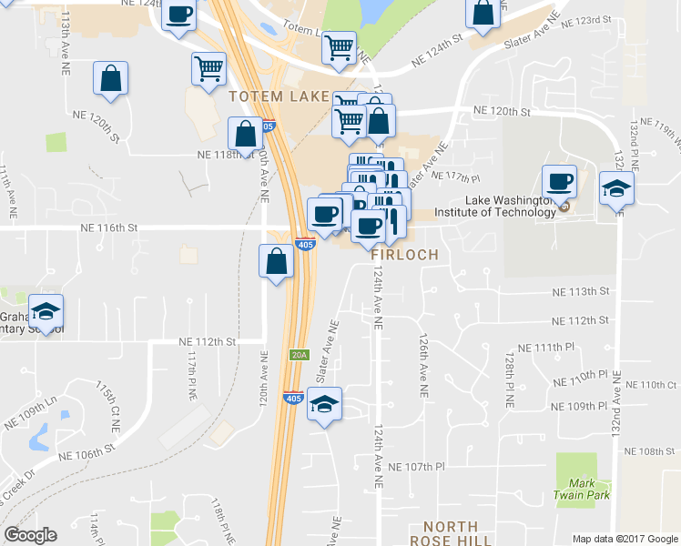 map of restaurants, bars, coffee shops, grocery stores, and more near 11415 Slater Avenue Northeast in Kirkland