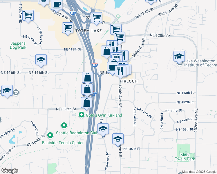 map of restaurants, bars, coffee shops, grocery stores, and more near 12223 Northeast 116th Street in Kirkland