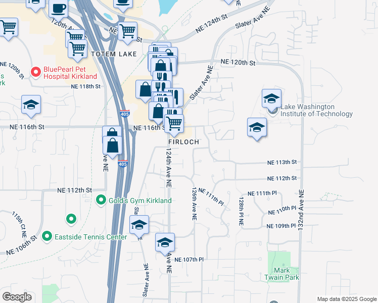 map of restaurants, bars, coffee shops, grocery stores, and more near 12608 Northeast 114th Place in Kirkland