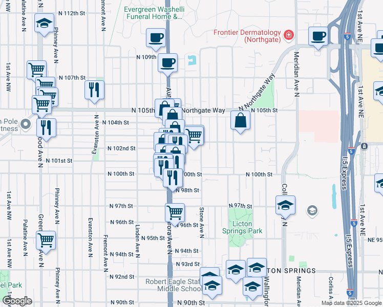 map of restaurants, bars, coffee shops, grocery stores, and more near 1201 North 103rd Street in Seattle