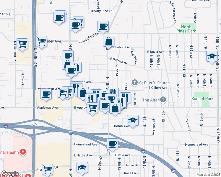 map of restaurants, bars, coffee shops, grocery stores, and more near 2814 North 4th Street in Coeur d'Alene