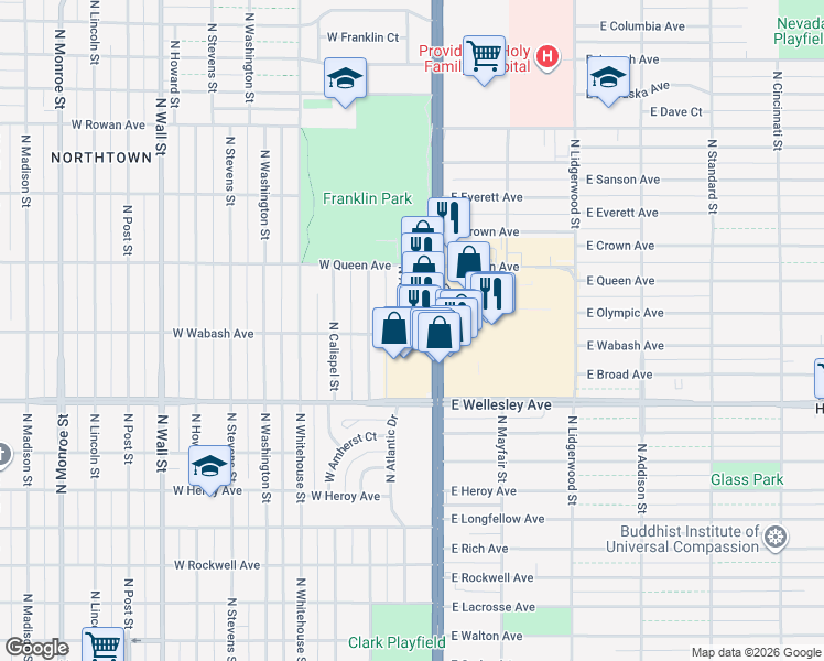 map of restaurants, bars, coffee shops, grocery stores, and more near 4918 North Atlantic Street in Spokane
