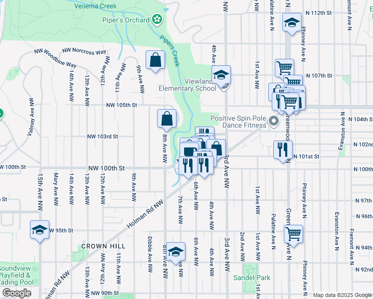 map of restaurants, bars, coffee shops, grocery stores, and more near in Seattle