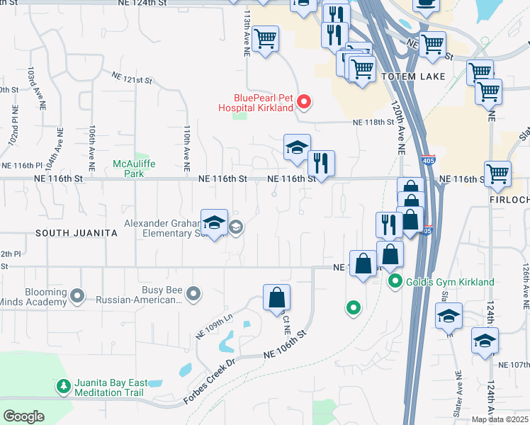 map of restaurants, bars, coffee shops, grocery stores, and more near 11418 113th Place Northeast in Kirkland