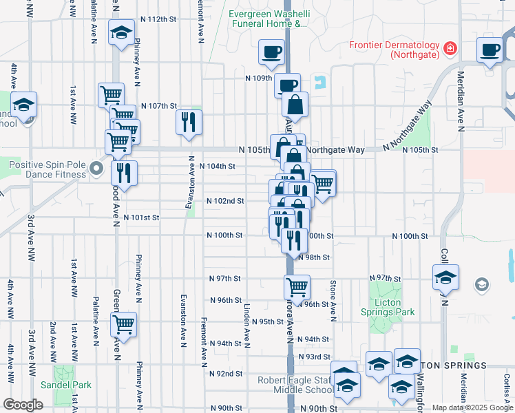 map of restaurants, bars, coffee shops, grocery stores, and more near 934 North 102nd Street in Seattle