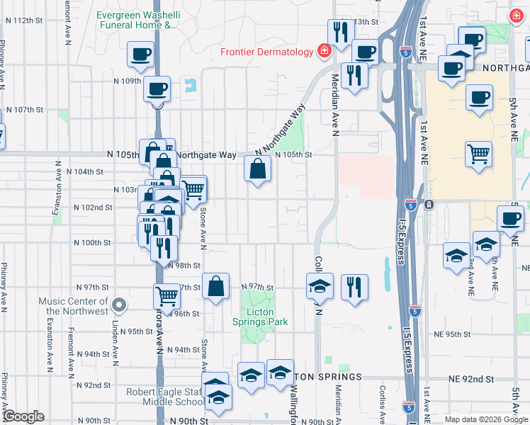 map of restaurants, bars, coffee shops, grocery stores, and more near 10039 Densmore Avenue North in Seattle