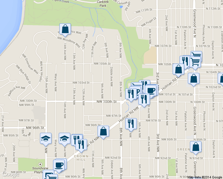 map of restaurants, bars, coffee shops, grocery stores, and more near 10039 Dibble Ave NW in Seattle