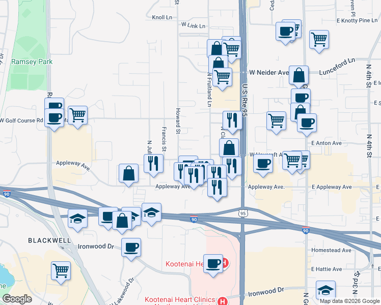 map of restaurants, bars, coffee shops, grocery stores, and more near 2810 North Howard Street in Coeur d'Alene