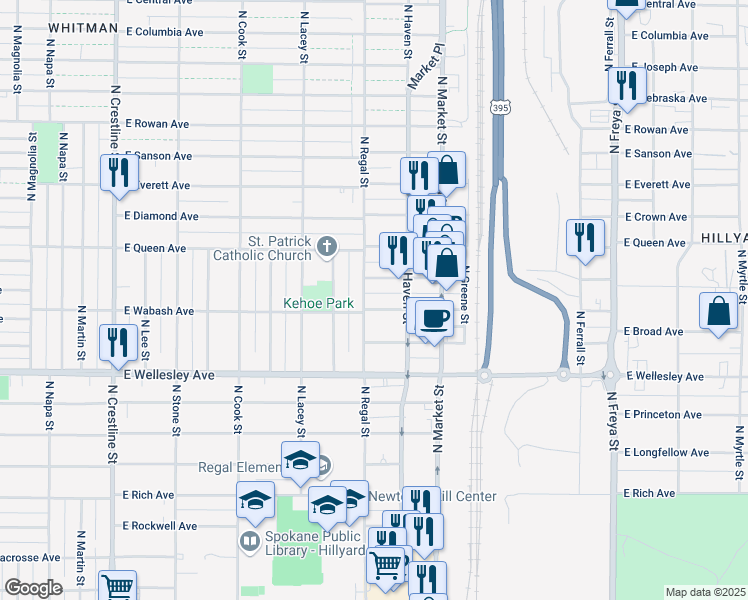 map of restaurants, bars, coffee shops, grocery stores, and more near 2912 East Olympic Avenue in Spokane