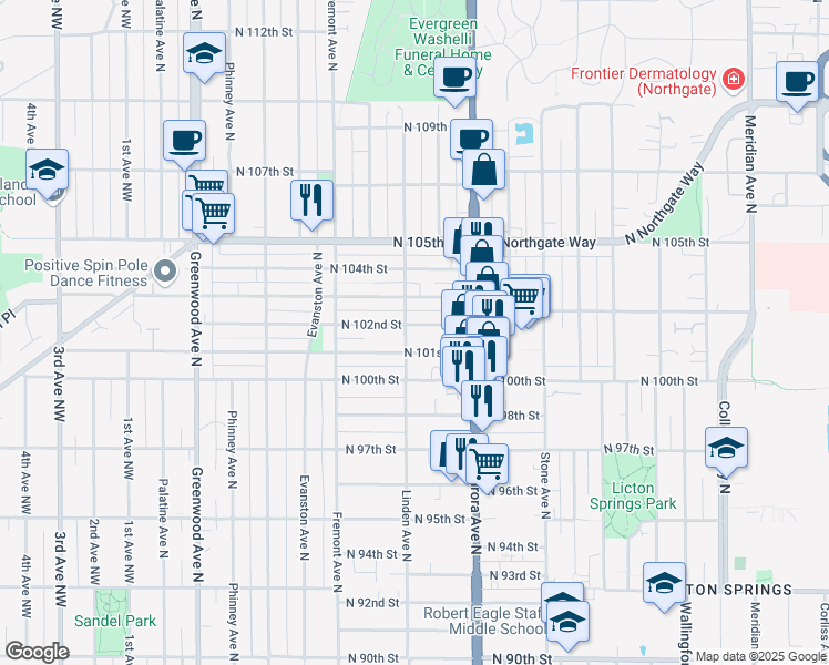 map of restaurants, bars, coffee shops, grocery stores, and more near in Seattle