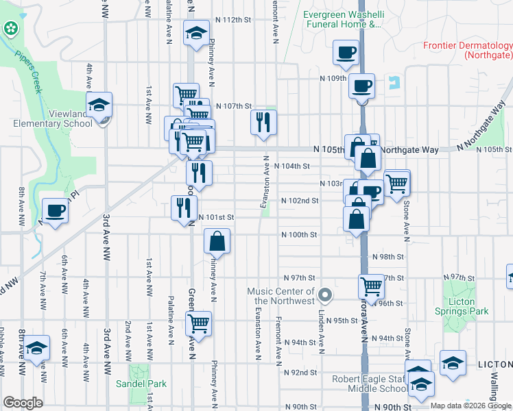 map of restaurants, bars, coffee shops, grocery stores, and more near 514 North 102nd Street in Seattle