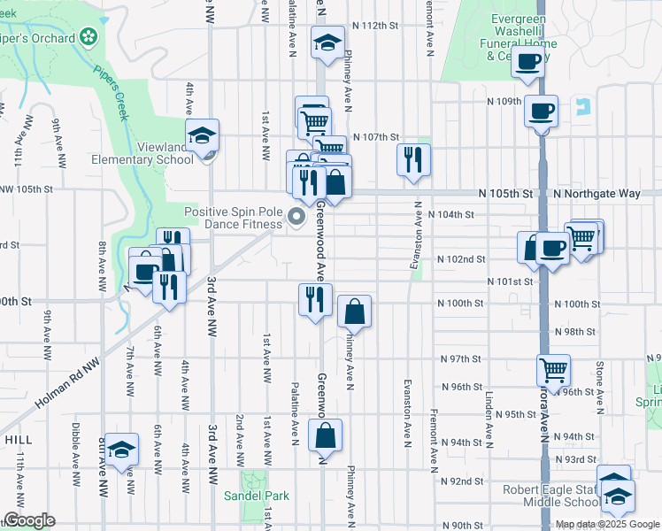 map of restaurants, bars, coffee shops, grocery stores, and more near in Seattle