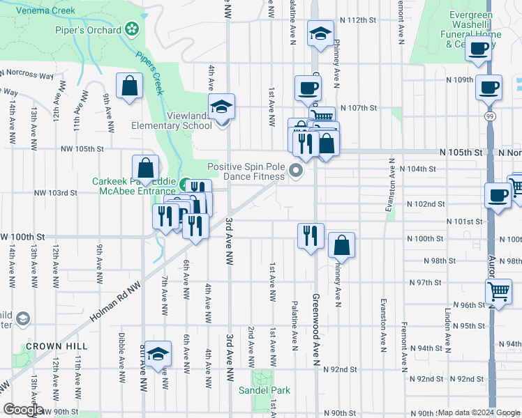 map of restaurants, bars, coffee shops, grocery stores, and more near 10147 Holman Road Northwest in Seattle