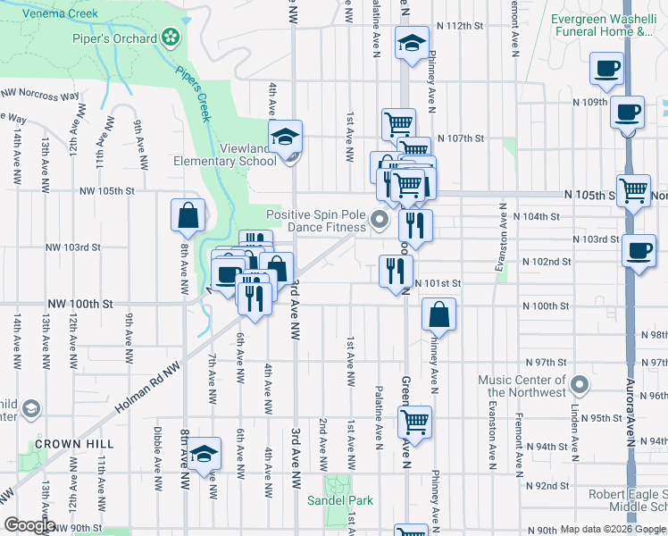 map of restaurants, bars, coffee shops, grocery stores, and more near 10147 Holman Road Northwest in Seattle