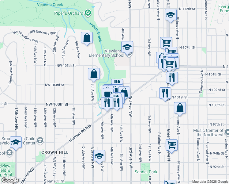 map of restaurants, bars, coffee shops, grocery stores, and more near 411 Northwest 100th Place in Seattle