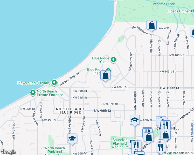 map of restaurants, bars, coffee shops, grocery stores, and more near 10215 Belgrove Court Northwest in Seattle