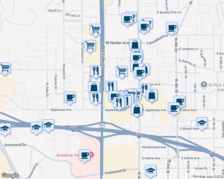 map of restaurants, bars, coffee shops, grocery stores, and more near 2844 Carriage Court in Coeur d'Alene