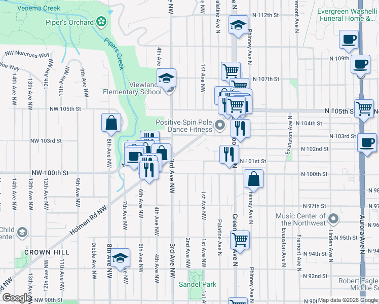 map of restaurants, bars, coffee shops, grocery stores, and more near 10147 Holman Road Northwest in Seattle