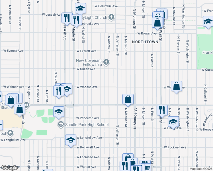 map of restaurants, bars, coffee shops, grocery stores, and more near 4909 North Adams Street in Spokane