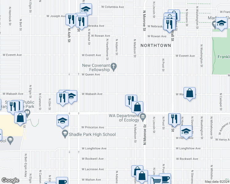 map of restaurants, bars, coffee shops, grocery stores, and more near 4903 North Adams Street in Spokane