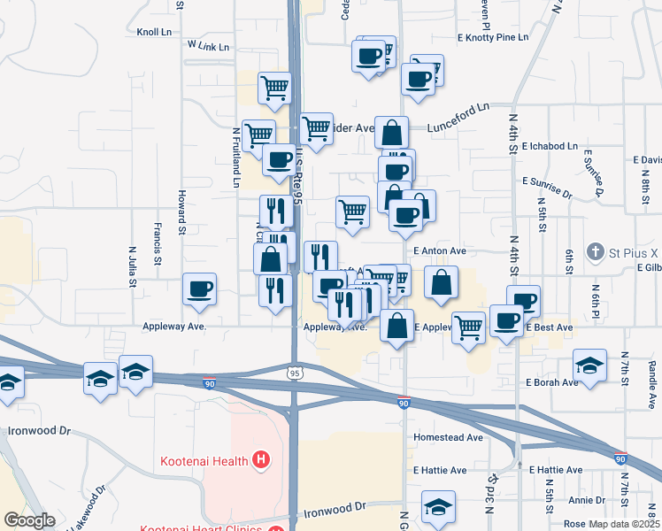 map of restaurants, bars, coffee shops, grocery stores, and more near 303 West Haycraft Avenue in Coeur d'Alene