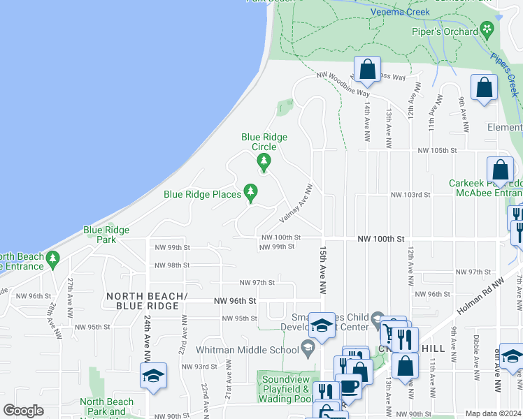 map of restaurants, bars, coffee shops, grocery stores, and more near 10212 Radford Avenue Northwest in Seattle
