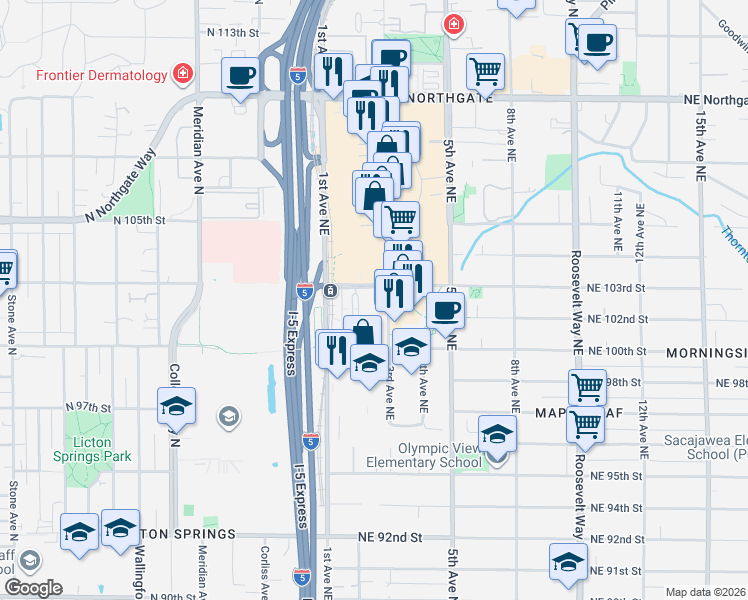 map of restaurants, bars, coffee shops, grocery stores, and more near 151 Northeast 103rd Street in Seattle